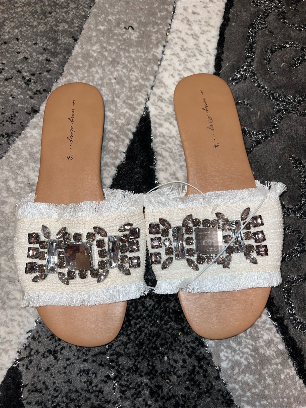 Addition Elle White Jeweled Slide Sandals with Tan Footbed NWOT